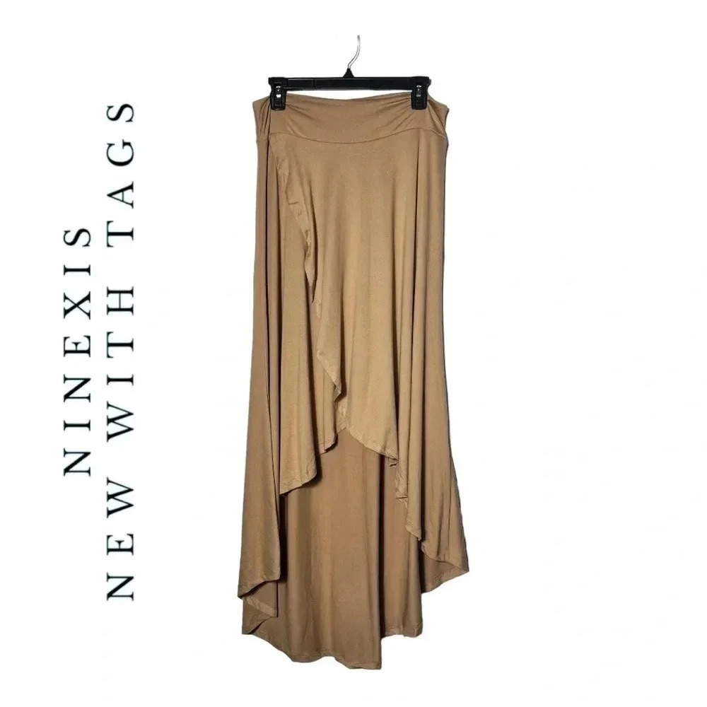 1907. NINEXIS FAUX WRAP MIDI LENGTH SKIRT SIZE X-LARGE COGNAC IN COLOR STRETCHY - Picture 2 of 11